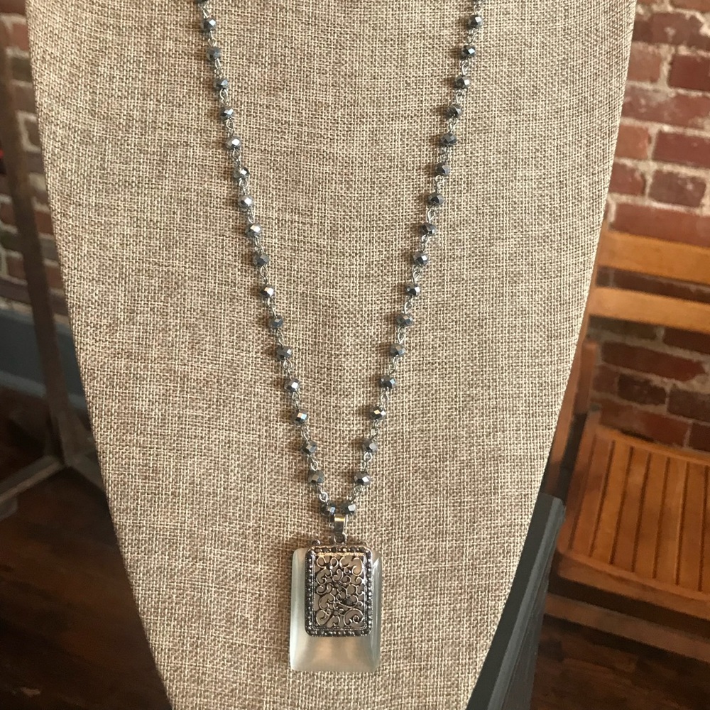 Necklace with silver beads & silver/white pendant